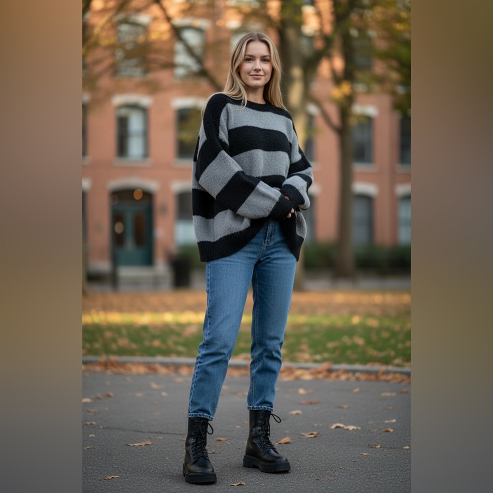Emmiol Black Gray Striped Fuzzy Knit Oversized Sweater Shaggy Small NWT